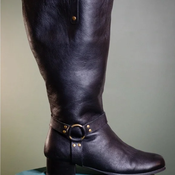 Black Leather Women's Wide Calf Moto Boots - Picture 2 of 9